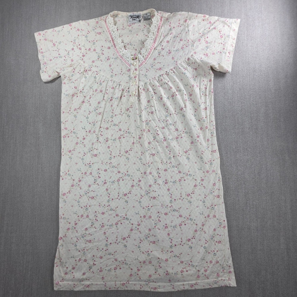Vintage Keneth too Nightgown Women Medium Ivory Floral Lace Trim Granma core